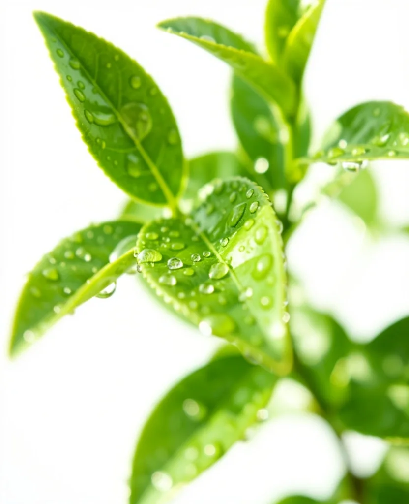 Foglie fresche di tè con rugiada mattutina
