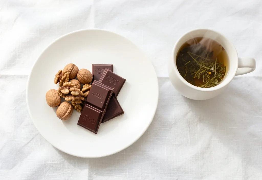 Frutta secca e cioccolato fondente accanto a tazza di infuso