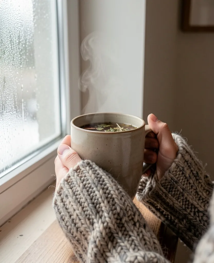 Mani che reggono tazza calda di infuso vicino a finestra
