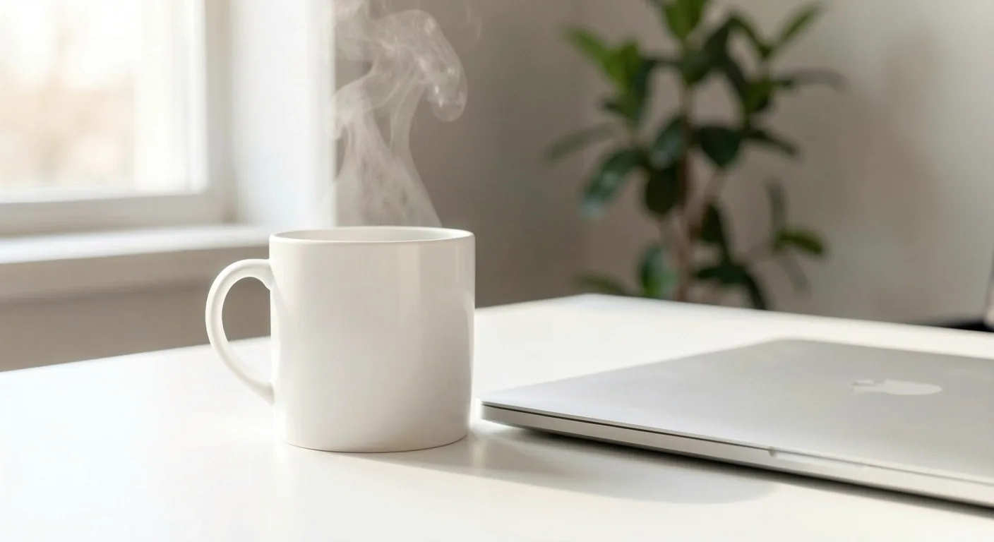 Scrivania minimale con tazza di infuso e laptop chiuso