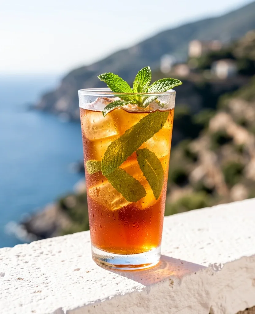 Tè freddo in infuso con condensa sul vetro
