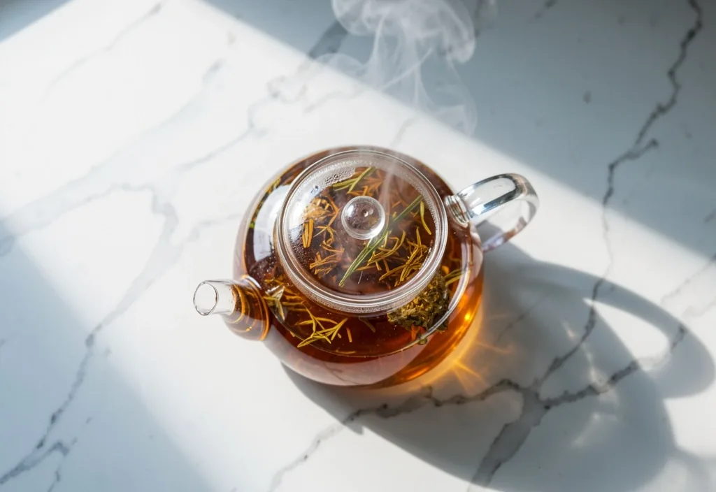 Teiera in vetro con infuso su piano in marmo bianco