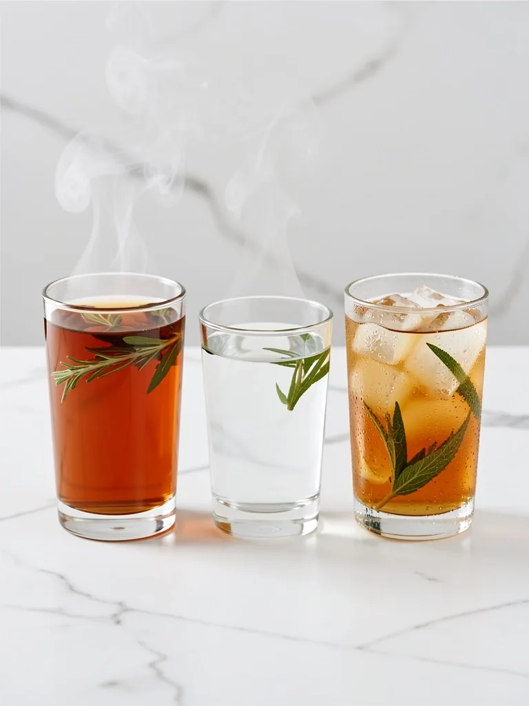 Tre bicchieri di infuso a temperature diverse su marmo bianco