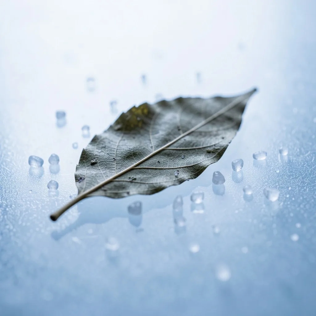 Foglia di tè essiccata e cristalli di sale su superficie in vetro smerigliato