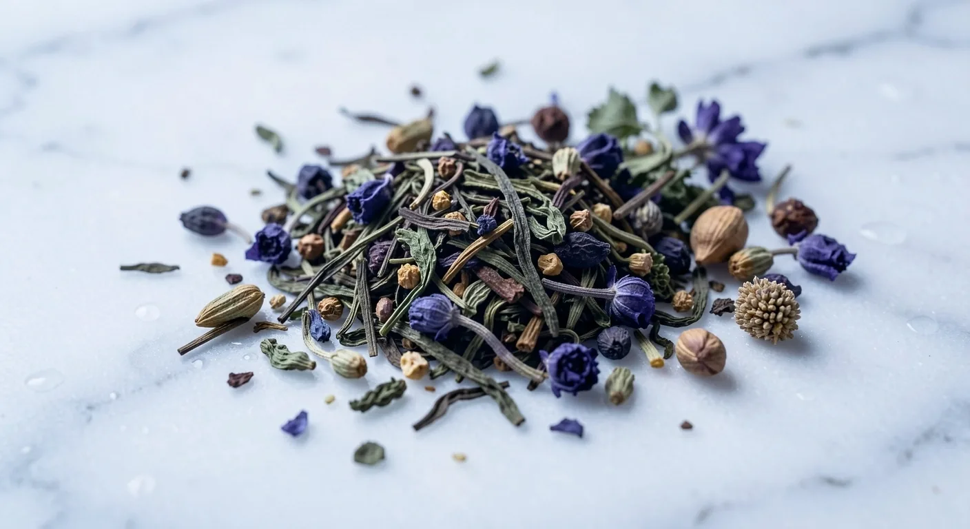 Foglie di tè e botanici selezionati su superficie in marmo bianco