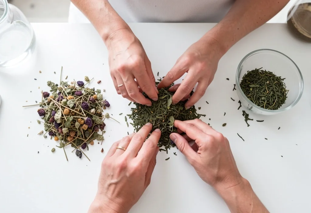 Selezione artigianale di erbe botaniche su banco di lavoro
