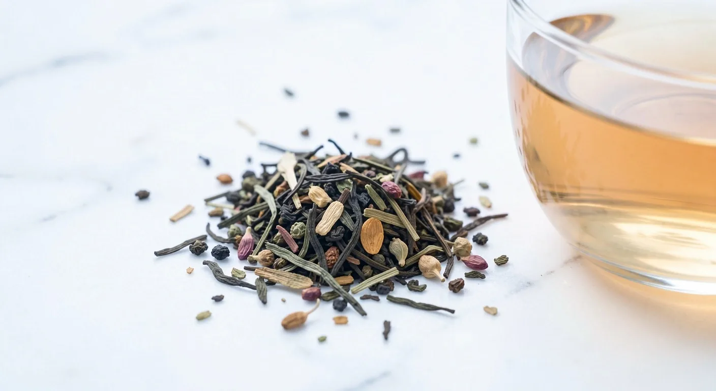 Foglie di tè e miscela di erbe Good fit su superficie in marmo bianco