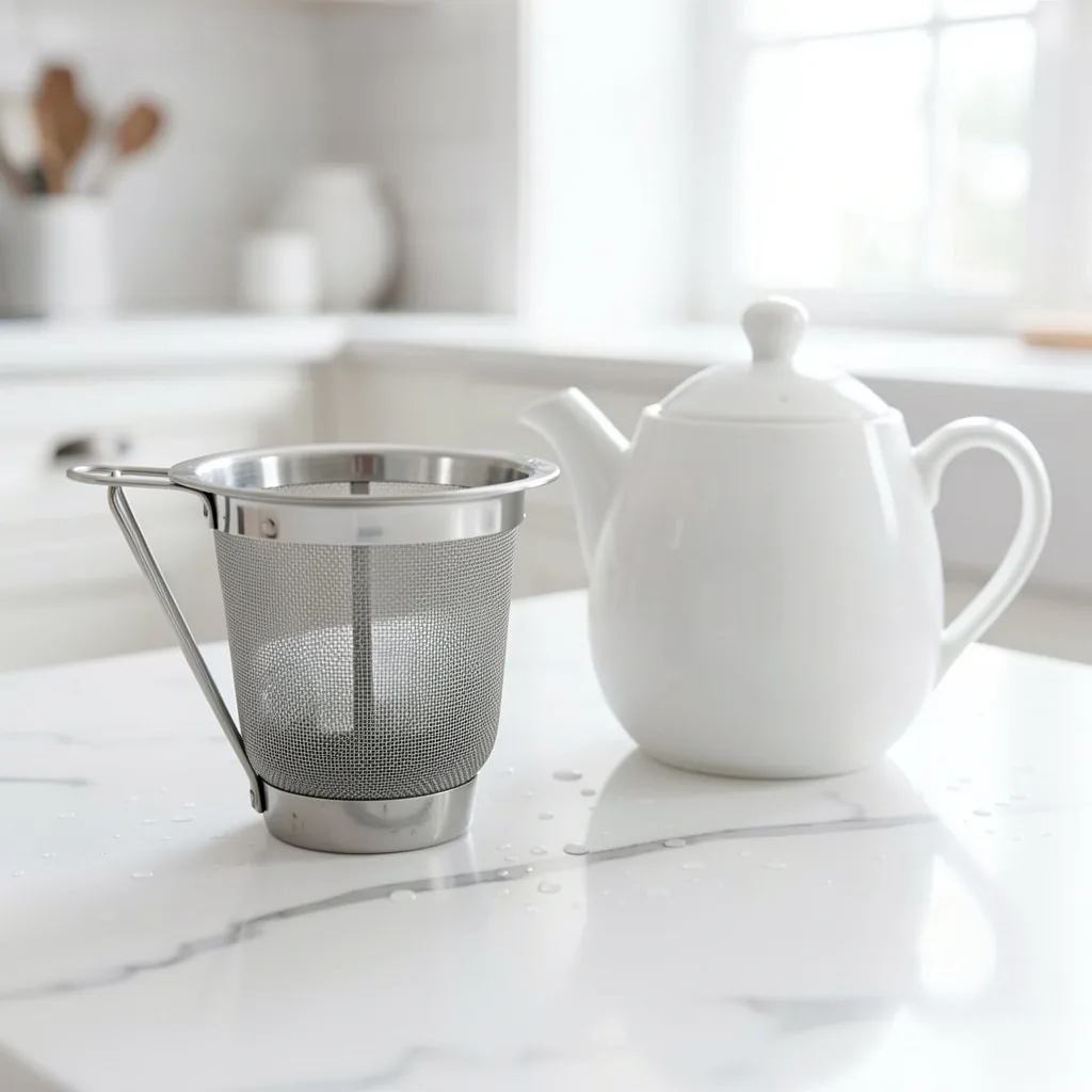 Infusore e teiera puliti su marmo bianco