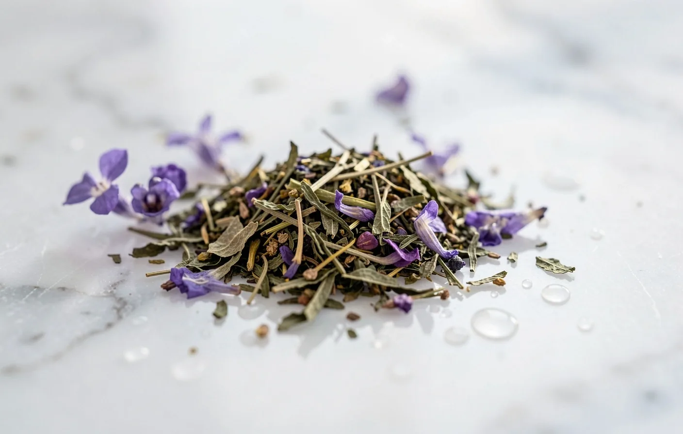 Foglie di tè e botanicali selezionati su superficie in marmo bianco