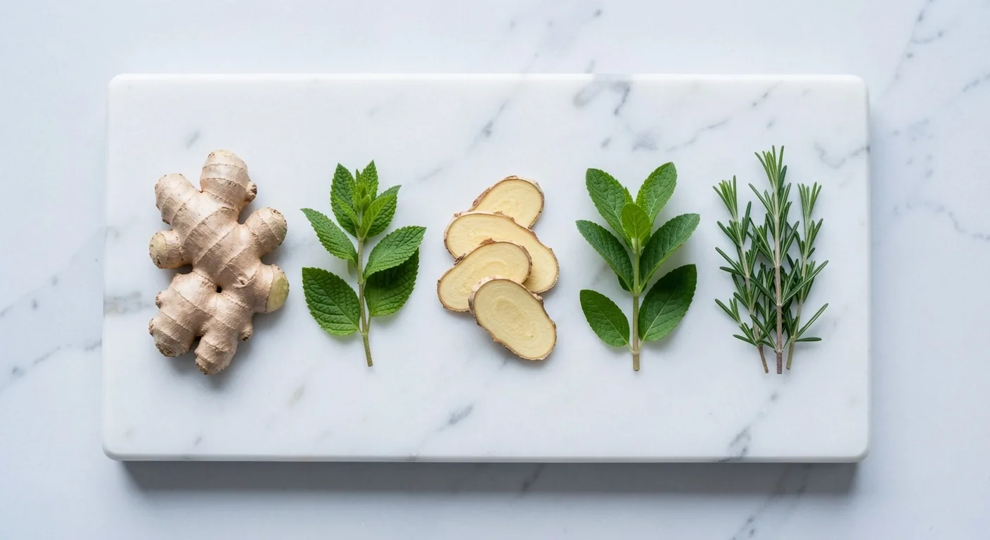 Ingredienti botanici su superficie in marmo bianco